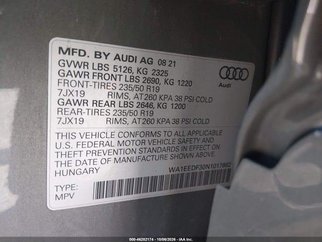 46282174 :رقم المزاد ، WA1EEDF30N1017862 vin ، 2022 Audi Q3 Premium Plus 45 Tfsi S Line Quattro Tiptronic مزاد بيع