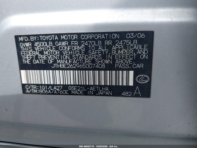 Aukcja sprzedaży 2006 Lexus Is 350, vin: JTHBE262965007408, numer aukcji: 46282178