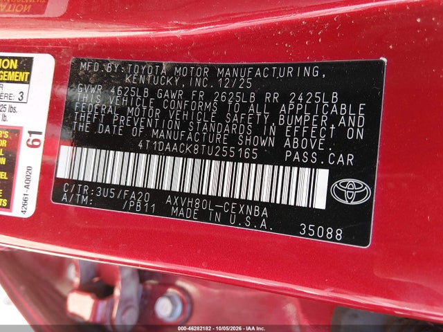2026 Toyota Camry Le მანქანა იყიდება აუქციონზე, vin: 4T1DAACK8TU255165, აუქციონის ნომერი: 46282182