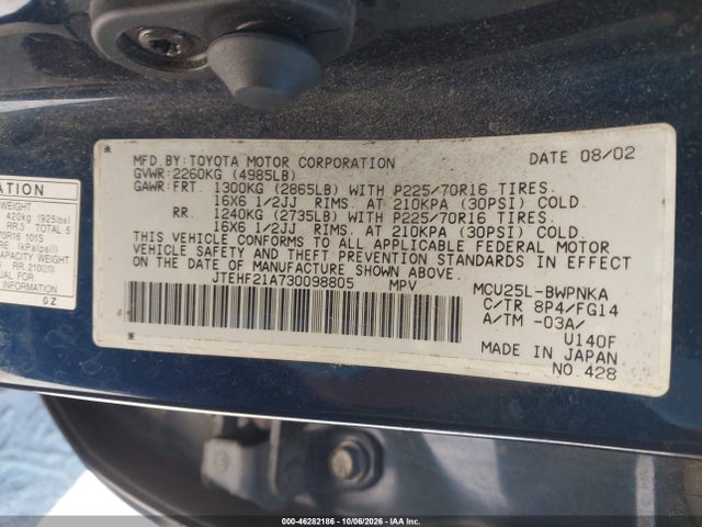 2003 Toyota Highlander V6 მანქანა იყიდება აუქციონზე, vin: JTEHF21A730098805, აუქციონის ნომერი: 46282186