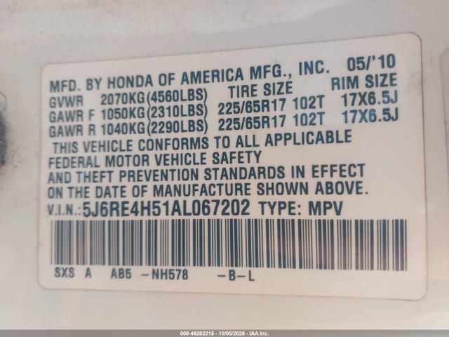 Продажа на аукционе авто 2010 Honda Cr-v Ex, vin: 5J6RE4H51AL067202, номер лота: 46282215