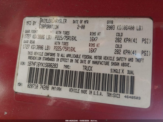 46282245 :رقم المزاد ، 1B7HF16YX1S686283 vin ، 2001 Dodge Ram 1500 St مزاد بيع