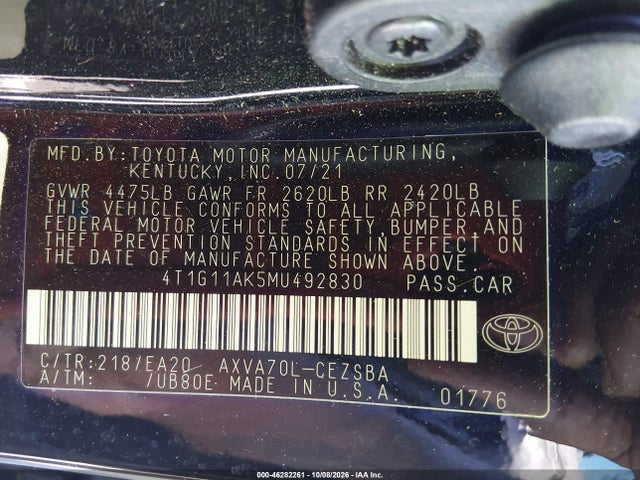 2021 Toyota Camry Se მანქანა იყიდება აუქციონზე, vin: 4T1G11AK5MU492830, აუქციონის ნომერი: 46282261