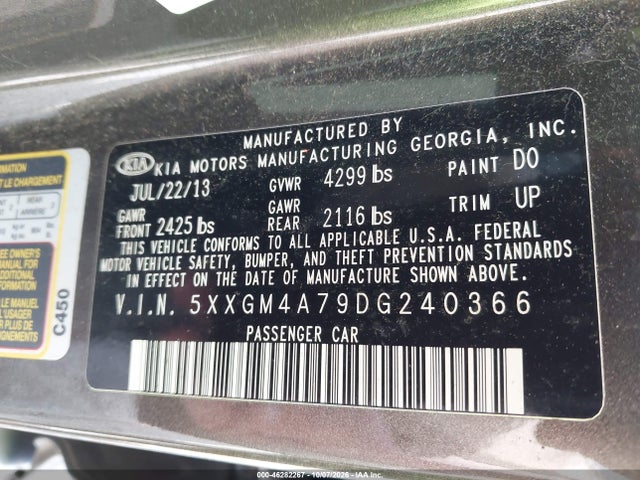 2013 Kia Optima Lx მანქანა იყიდება აუქციონზე, vin: 5XXGM4A79DG240366, აუქციონის ნომერი: 46282267
