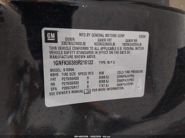 Продаж на аукціоні авто 2009 Chevrolet Suburban 1500 Ltz, vin: 1GNFK36389R216122, номер лоту: 46282286