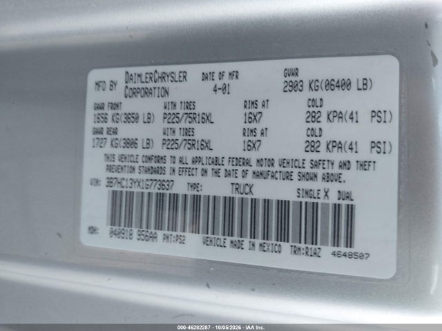 Aukcja sprzedaży 2001 Dodge Ram 1500 St, vin: 3B7HC13YX1G773637, numer aukcji: 46282287