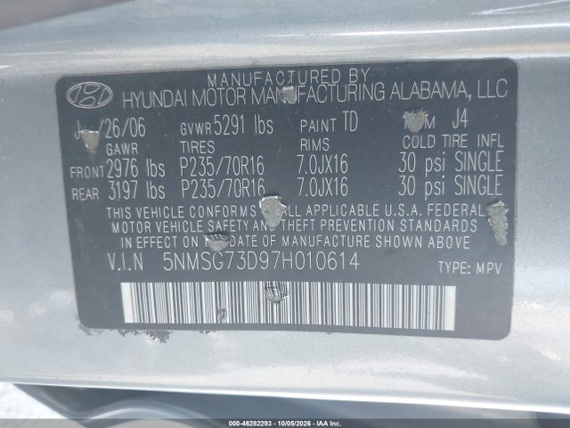 46282293 :رقم المزاد ، 5NMSG73D97H010614 vin ، 2007 Hyundai Santa Fe Gls مزاد بيع