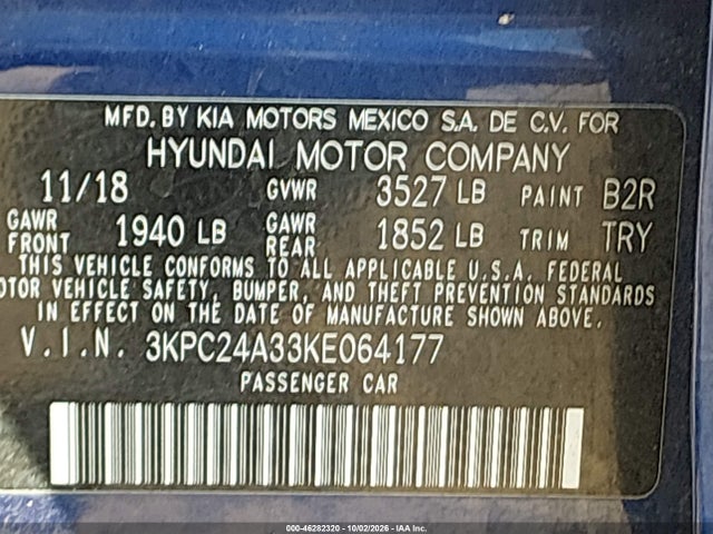 Продажа на аукционе авто 2019 Hyundai Accent Se, vin: 3KPC24A33KE064177, номер лота: 46282320