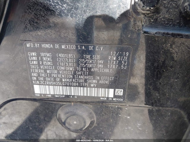 46282345 :رقم المزاد ، 3CZRU5H35LG701084 vin ، 2020 Honda Hr-v 2wd Lx مزاد بيع