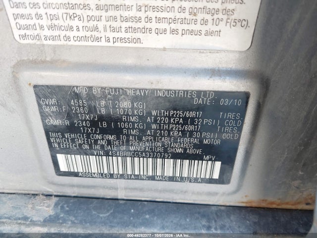 46282377 :رقم المزاد ، 4S4BRBCC5A3370792 vin ، 2010 Subaru Outback 2.5i Premium مزاد بيع