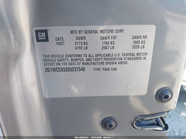 46282451 :رقم المزاد ، 2G1WC583289237340 vin ، 2008 Chevrolet Impala Lt مزاد بيع