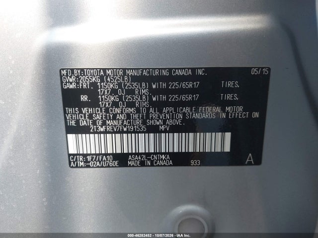 Продажа на аукционе авто 2015 Toyota Rav4 Xle, vin: 2T3WFREV7FW191535, номер лота: 46282452