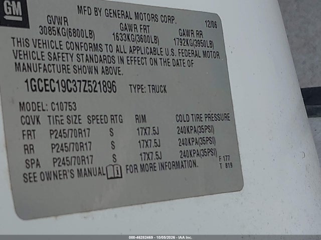 Продажа на аукционе авто 2007 Chevrolet Silverado 1500 Work Truck, vin: 1GCEC19C37Z521896, номер лота: 46282469