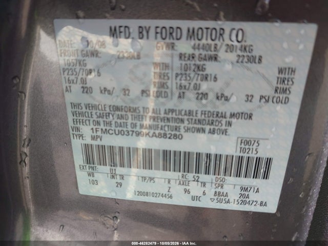 46282479 :رقم المزاد ، 1FMCU03799KA88280 vin ، 2009 Ford Escape Xlt مزاد بيع