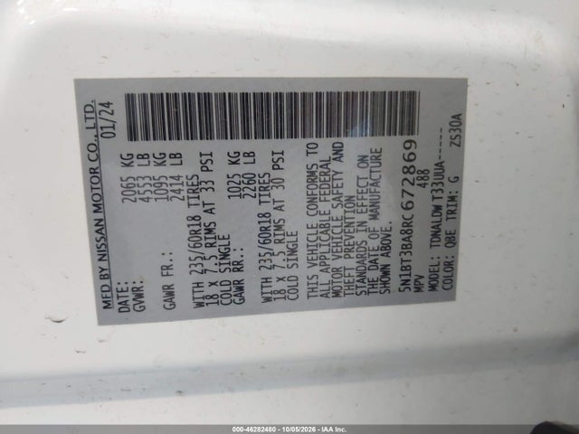 46282480 :رقم المزاد ، 5N1BT3BA8RC672869 vin ، 2024 Nissan Rogue Sv Fwd مزاد بيع