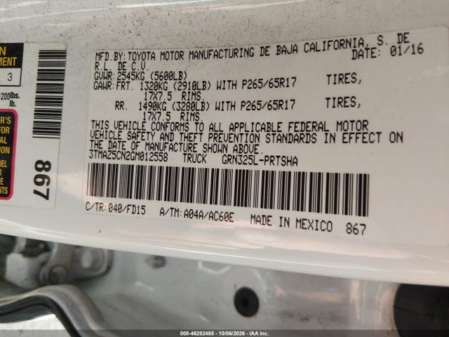 46282485 :رقم المزاد ، 3TMAZ5CN2GM012558 vin ، 2016 Toyota Tacoma Trd Sport مزاد بيع