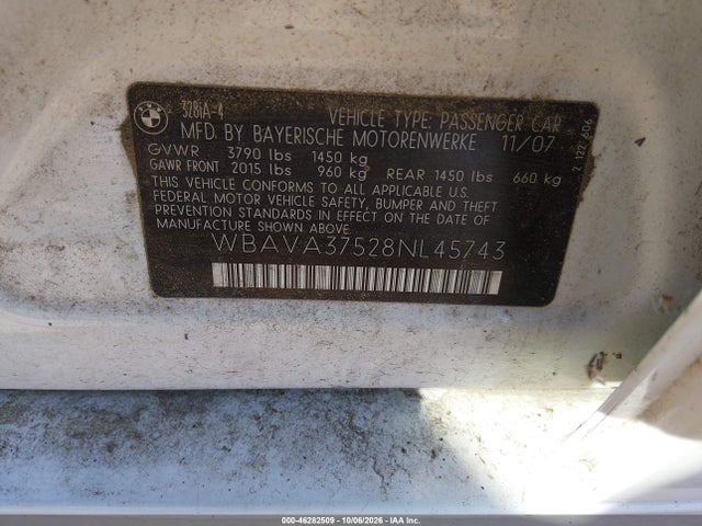 46282509 :رقم المزاد ، WBAVA37528NL45743 vin ، 2008 Bmw 328i مزاد بيع