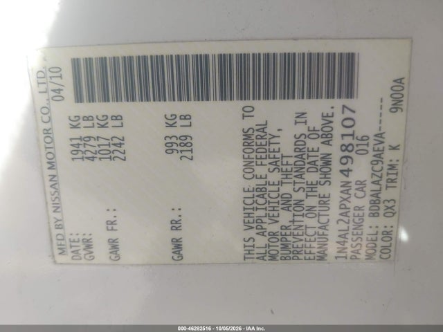 Продаж на аукціоні авто 2010 Nissan Altima 2.5, vin: 1N4AL2APXAN498107, номер лоту: 46282516