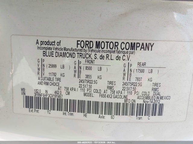 46282522 :رقم المزاد ، 3FRNF6HP3CV191467 vin ، 2012 Ford F-650 Gas Xl/xlt مزاد بيع