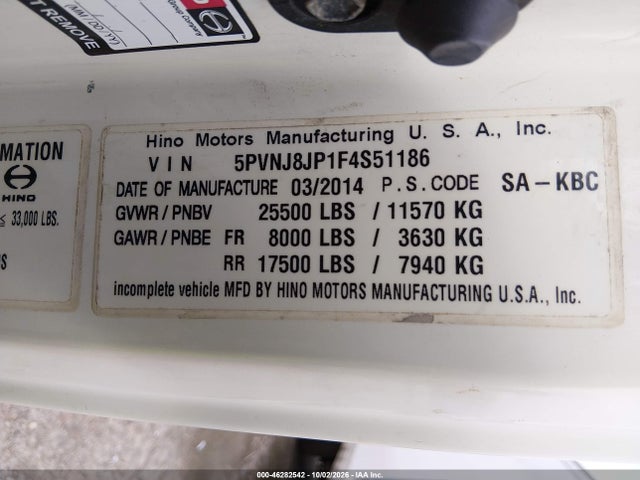 Продажа на аукционе авто 2015 Hino 258/268, vin: 5PVNJ8JP1F4S51186, номер лота: 46282542