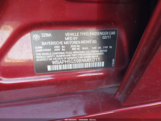 2011 Bmw 328i მანქანა იყიდება აუქციონზე, vin: WBAPH5G59BNM80211, აუქციონის ნომერი: 46282543