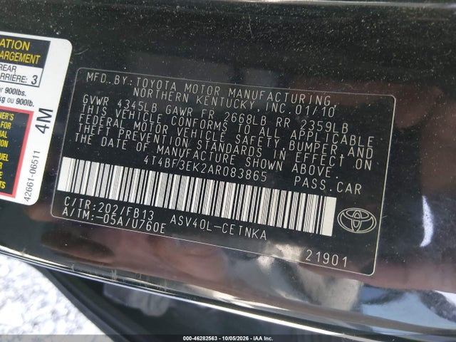 2010 Toyota Camry Le მანქანა იყიდება აუქციონზე, vin: 4T4BF3EK2AR083865, აუქციონის ნომერი: 46282563