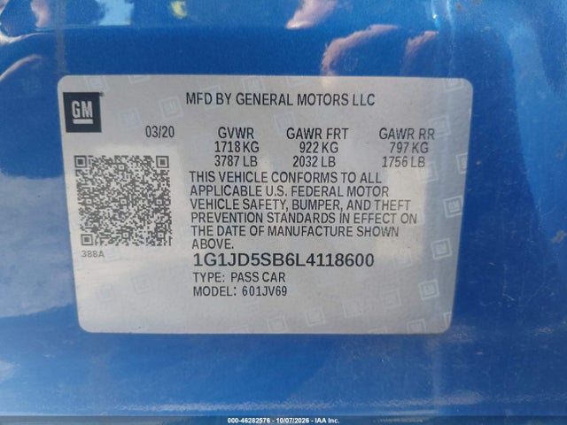2020 Chevrolet Sonic Fwd  Lt მანქანა იყიდება აუქციონზე, vin: 1G1JD5SB6L4118600, აუქციონის ნომერი: 46282576