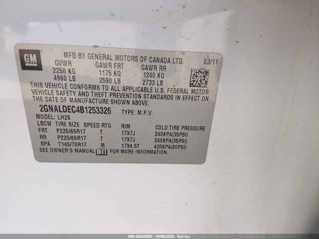 Продаж на аукціоні авто 2011 Chevrolet Equinox 1lt, vin: 2GNALDEC4B1253326, номер лоту: 46282588
