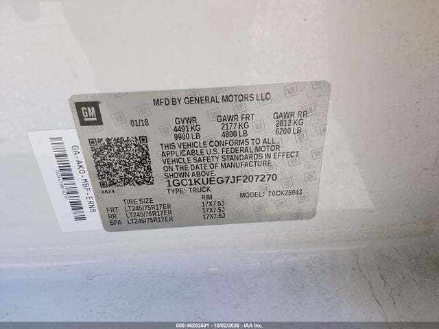 46282591 :رقم المزاد ، 1GC1KUEG7JF207270 vin ، 2018 Chevrolet Silverado 2500hd Wt مزاد بيع
