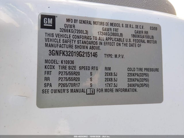 Продажа на аукционе авто 2009 Chevrolet Avalanche 1500 Ltz, vin: 3GNFK32019G215146, номер лота: 46282602