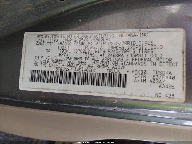 Auction sale of the 2004 Toyota Tundra, vin: 5TBJN32114S440267, lot number: 46282627