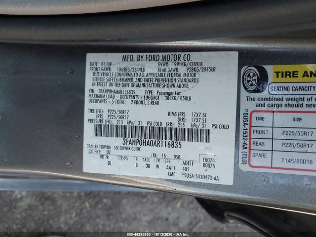 2010 Ford Fusion Se მანქანა იყიდება აუქციონზე, vin: 3FAHP0HA0AR116835, აუქციონის ნომერი: 46282650