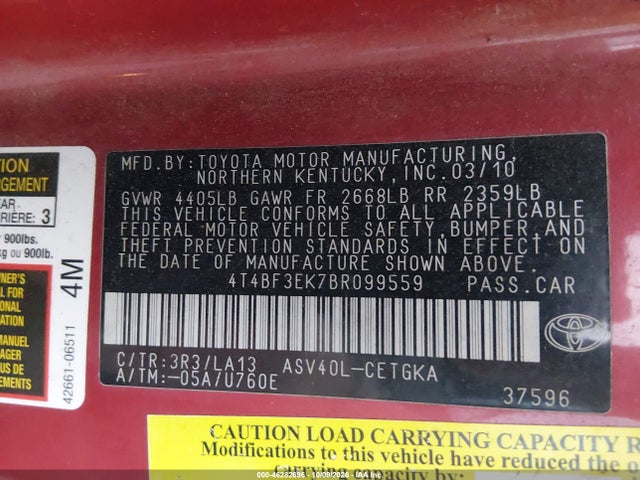 2011 Toyota Camry Xle მანქანა იყიდება აუქციონზე, vin: 4T4BF3EK7BR099559, აუქციონის ნომერი: 46282696