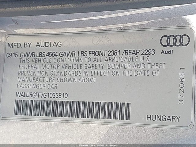 2016 Audi A3 2.0t Premium მანქანა იყიდება აუქციონზე, vin: WAUJ8GFF7G1033810, აუქციონის ნომერი: 46282716