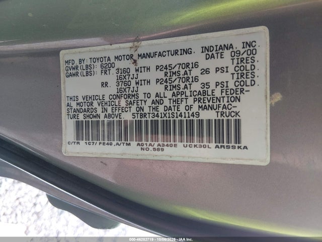 46282719 :رقم المزاد ، 5TBRT341X1S141149 vin ، 2001 Toyota Tundra Sr5 V8 مزاد بيع