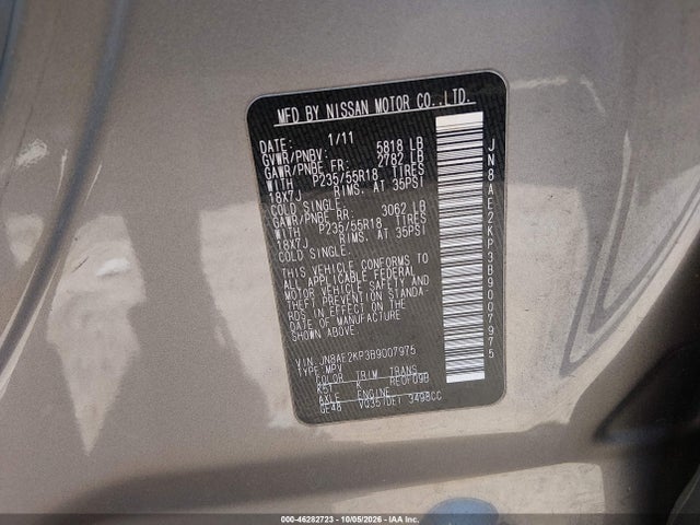 Продаж на аукціоні авто 2011 Nissan Quest Sl, vin: JN8AE2KP3B9007975, номер лоту: 46282723