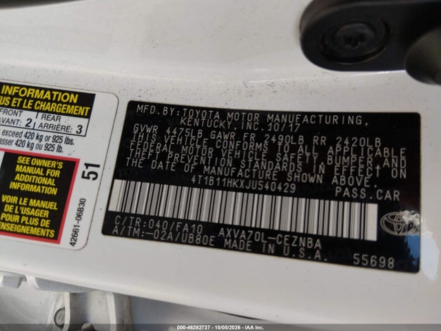 46282737 :رقم المزاد ، 4T1B11HKXJU540429 vin ، 2018 Toyota Camry Le مزاد بيع
