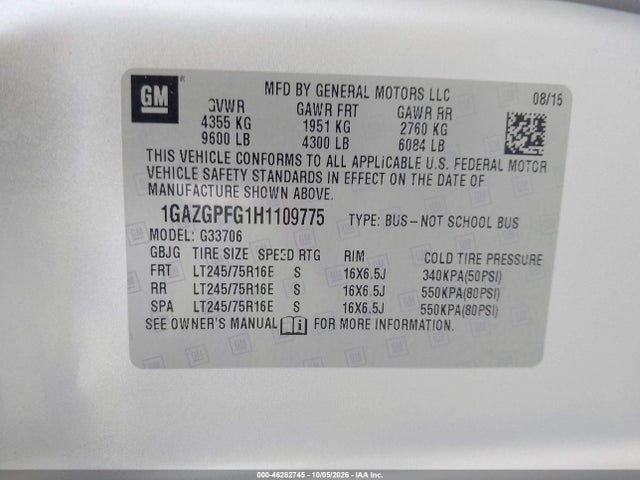 46282745 :رقم المزاد ، 1GAZGPFG1H1109775 vin ، 2017 Chevrolet Express 3500 Lt مزاد بيع