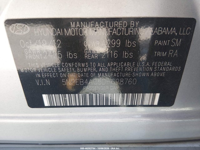 46282784 :رقم المزاد ، 5NPEB4AC5DH628760 vin ، 2013 Hyundai Sonata Gls مزاد بيع
