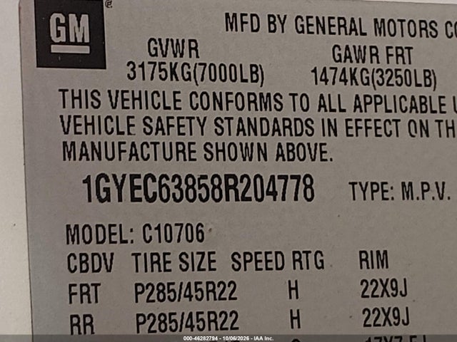 Продажа на аукционе авто 2008 Cadillac Escalade Standard, vin: 1GYEC63858R204778, номер лота: 46282794