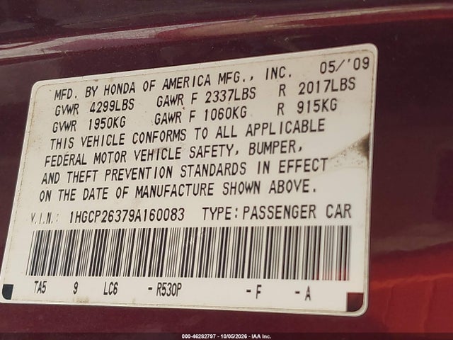 46282797 :رقم المزاد ، 1HGCP26379A160083 vin ، 2009 Honda Accord 2.4 Lx مزاد بيع