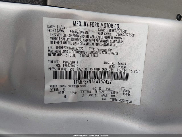 46282806 :رقم المزاد ، 1FAHP37N16W157422 vin ، 2006 Ford Focus Zx5 مزاد بيع