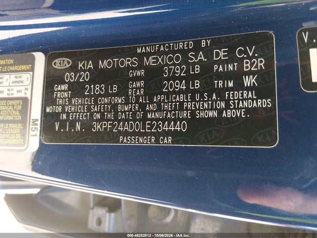 2020 Kia Forte Lxs მანქანა იყიდება აუქციონზე, vin: 3KPF24AD0LE234440, აუქციონის ნომერი: 46282812