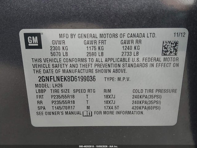 Aukcja sprzedaży 2013 Chevrolet Equinox 2lt, vin: 2GNFLNEK8D6199036, numer aukcji: 46282818