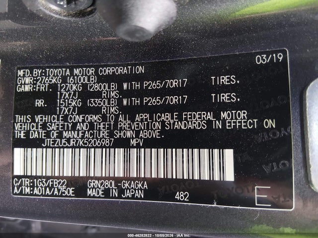 Продажа на аукционе авто 2019 Toyota 4runner Sr5, vin: JTEZU5JR7K5206987, номер лота: 46282822