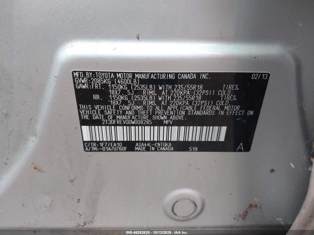 Auction sale of the 2013 Toyota Rav4 Limited, vin: 2T3DFREV0DW008285, lot number: 46282825