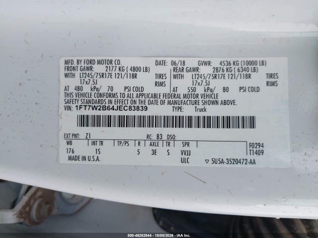 Продаж на аукціоні авто 2018 Ford F-250 Xl, vin: 1FT7W2B64JEC83839, номер лоту: 46282844