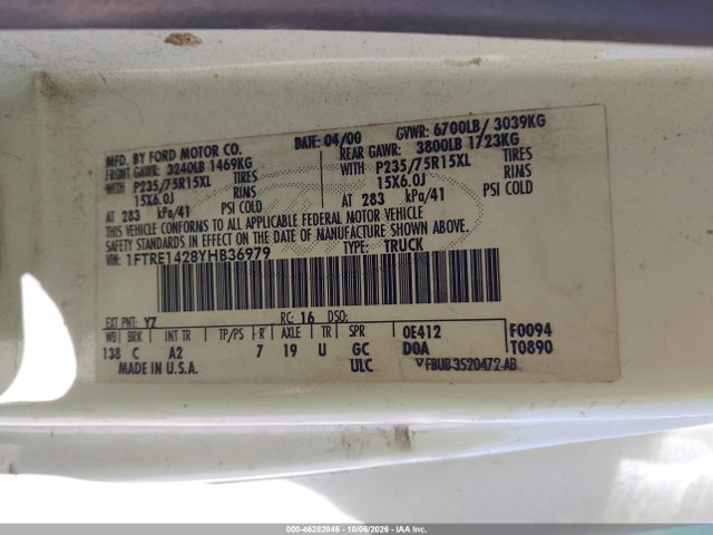 Aukcja sprzedaży 2000 Ford E-150 Commercial/recreational, vin: 1FTRE1428YHB36979, numer aukcji: 46282846