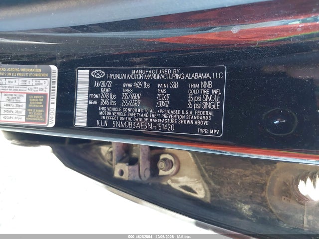 2022 Hyundai Tucson Sel მანქანა იყიდება აუქციონზე, vin: 5NMJB3AE5NH151420, აუქციონის ნომერი: 46282854