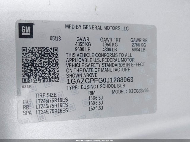 46282865 :رقم المزاد ، 1GAZGPFG0J1288963 vin ، 2018 Chevrolet Express 3500 Lt مزاد بيع